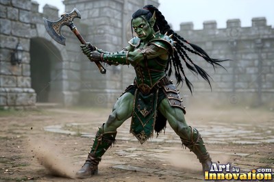 In a stone courtyard, a muscular orc woman swings a battleaxe in green armor