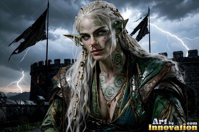 Standing on stone battlements under lightning, a tattooed goblin woman clad in dark green armor