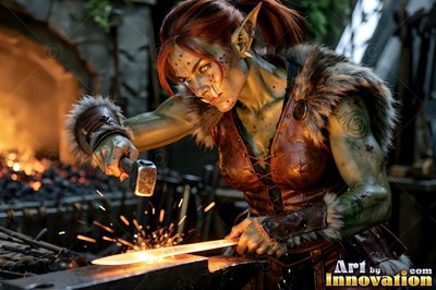 Orc woman blacksmith hammering a hot blade on an anvil with sparks flying