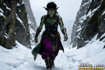 Purple trousers stand out as a green-skinned goblin woman walks through a snowy mountain pass