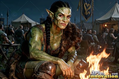 A muscular orc woman crouches by a campfire that casts warm light across her green skin