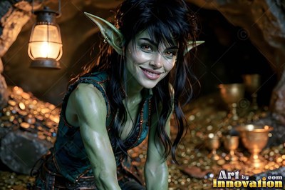 Crouching forward in a dark cave, a smiling green-skinned goblin woman kneels near gold coins