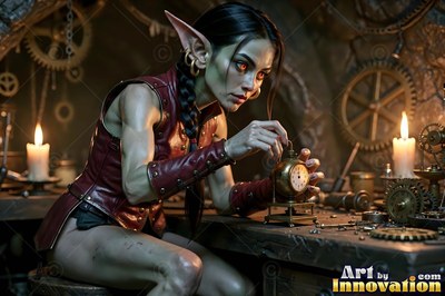 A sharp-eared goblin woman in red leather tinkers with a small clock by candlelight