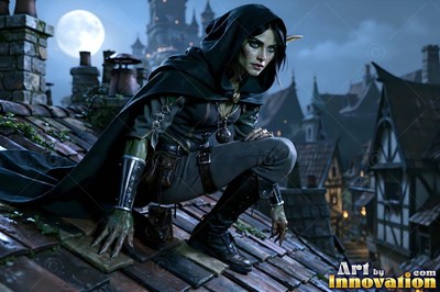 On a moonlit rooftop, a hooded goblin woman crouches in dark leather rogue clothes