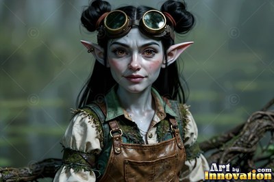 Looking forward with a faint smile, a pale goblin woman is dressed in brass goggles