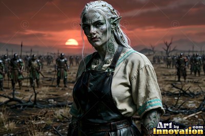 Orc woman in a leather apron stands on a barren field at sunset