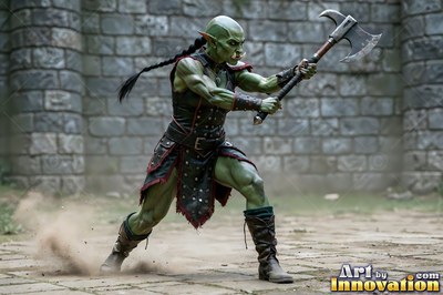 Wearing studded black leather in a stone courtyard, a green-skinned orc woman swings a battleaxe