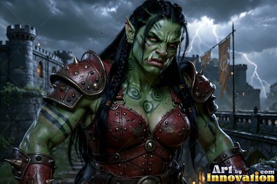 An orc woman sneers in spiked leather armor before a castle under gray lightning skies