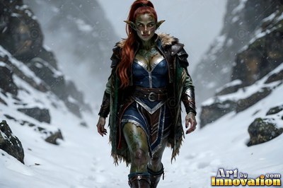 Walking forward in a snowy pass, a green-skinned orc woman in leather armor