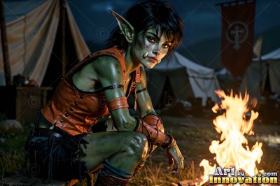 A green-skinned goblin woman in a brown leather vest crouches beside a bright campfire at night