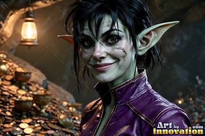 In a cave of gold coins, a smiling green goblin woman wears a purple jacket