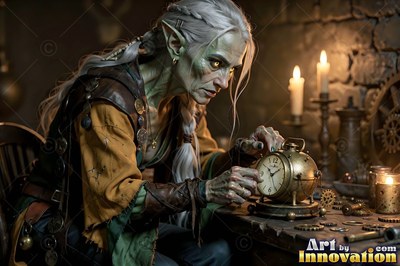 Tinkering by candlelight, an elderly goblin woman adjusts a brass clock