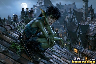 Green-skinned goblin woman crouching on a tiled rooftop at night