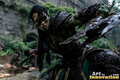 Studded dark armor covers a green orc woman swinging an axe by stone fortress ruins