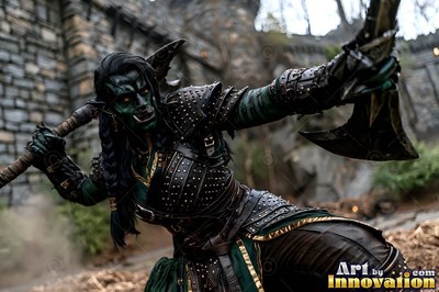 A green-skinned orc woman crouches with axes in studded dark armor under cold daylight