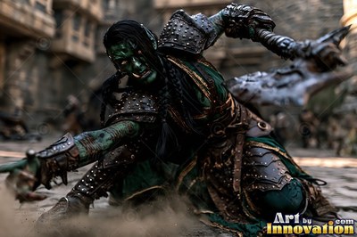 Crouching low in a dusty courtyard, an armored orc woman reaches forward