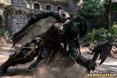 A green orc woman in dark armor crouches with two axes in a dusty courtyard