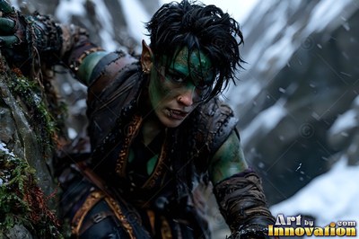 On a snowy cliff, a green-skinned orc woman in leather climbs the rocks