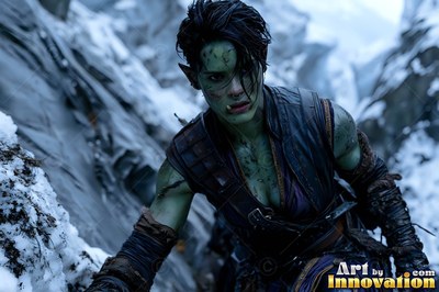 Climbing a snowy mountain pass, a green orc woman wears dark leather armor