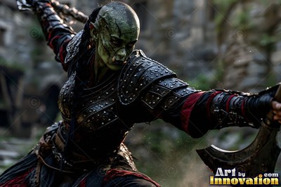 Orc woman in dark spiked armor swinging an axe
