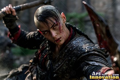 Tusks curl from the lower lip of a scarred orc woman in black armor, fighting outdoors in daylight
