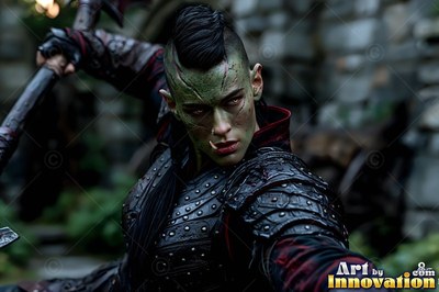 An orc woman raises her axe in battle, wearing dark studded leather armor