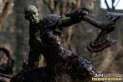 Crouching before a stone castle, a green orc woman swings a battle axe