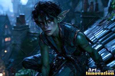 A goblin woman with green skin crouches low on a wet slate rooftop