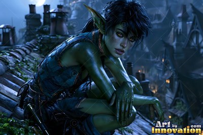 On a dark tiled rooftop, a green-skinned goblin woman crouches in blue leather armor