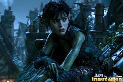 Perched on a tiled roof at dusk, a green-skinned goblin woman sits and looks outward
