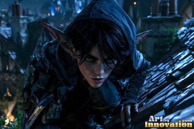 Pointed goblin ears frame a dark-hooded woman creeping across a nighttime roof peak