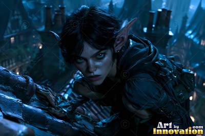 A goblin woman with pointed ears creeps across a rooftop in cool blue night light