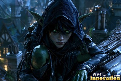 Crouching on a dark rooftop, a hooded goblin woman stares ahead with green eyes