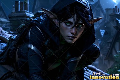 A hooded goblin woman crouches on a rooftop at night with green eyes