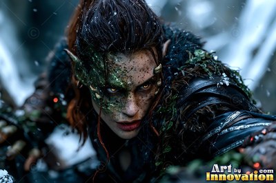 In a snowy wood, a green-skinned goblin woman crouches in dark armor