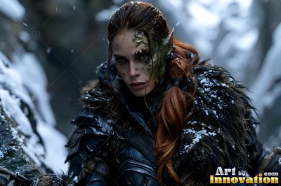 Standing in snowy rocks, a warrior woman with green scales on her face wears black fur
