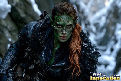 Green-skinned goblin woman in dark armor crouches outside in snow