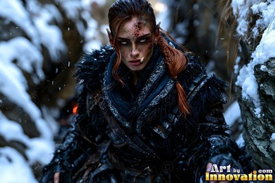Braided red hair frames a tusked orc woman crouched in a snowy rock canyon