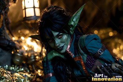 A goblin woman leans on her hand by warm lantern light in a cave