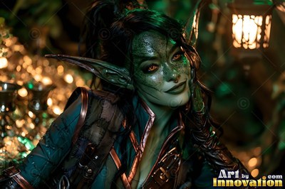 A green goblin woman with pointed ears rests her chin on her hand beside a lantern