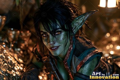 In a dim treasure cave, a goblin woman smiles beside piles of gold coins