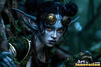 Peeking through mossy trees, a blue goblin woman is dressed in brass goggles on her head
