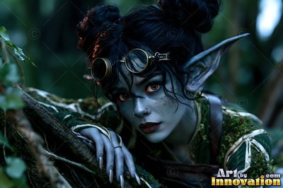 Goblin woman with goggles hiding behind mossy tree roots in the dark woods