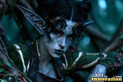 Dark goggles rest on the forehead of a sharp-eared goblin woman in a dim green forest