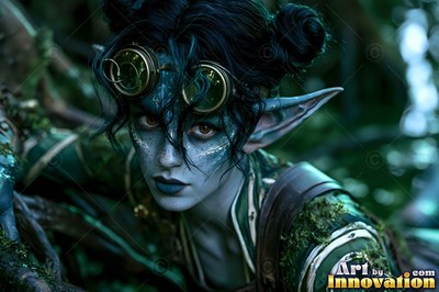 A goblin woman crouches among mossy branches, wearing round brass goggles