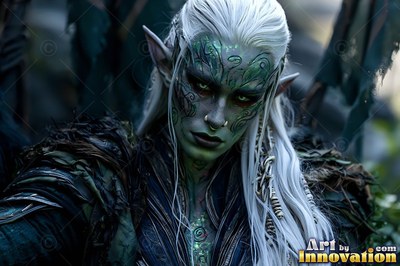 Facing forward in dim woods, a woman with long white hair