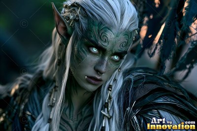 A pale orc woman with green face markings and white hair stares ahead with bright eyes