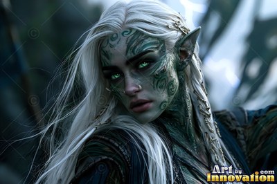 In a dim forest, a goblin woman with braided white hair and green markings looks out