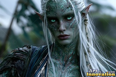 Staring forward outdoors, a pale-haired goblin woman has green patterns on her skin