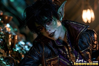Goblin woman with pointed ears leans over shiny treasure